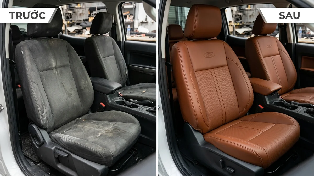 So sánh ghế xe Ford trước và sau khi may đo bọc da Nappa bò tơ tại xưởng MORCAR Hà Nội