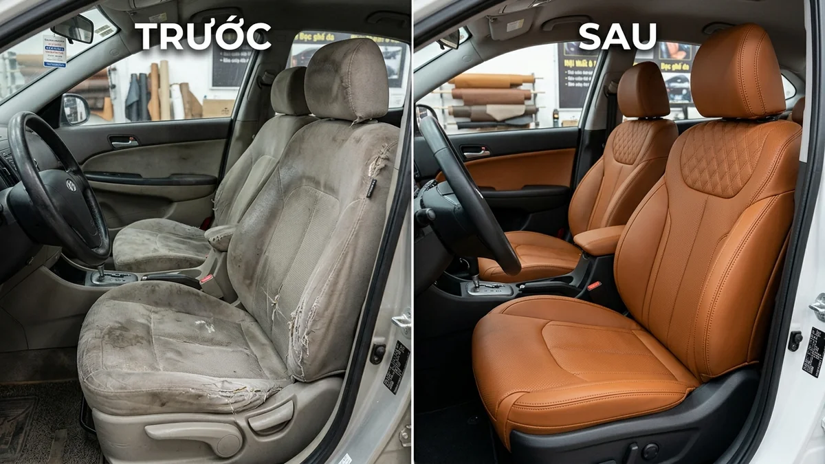 So sánh ghế xe Hyundai trước và sau khi may đo bọc da Nappa bò tơ tại xưởng MORCAR Hà Nội
