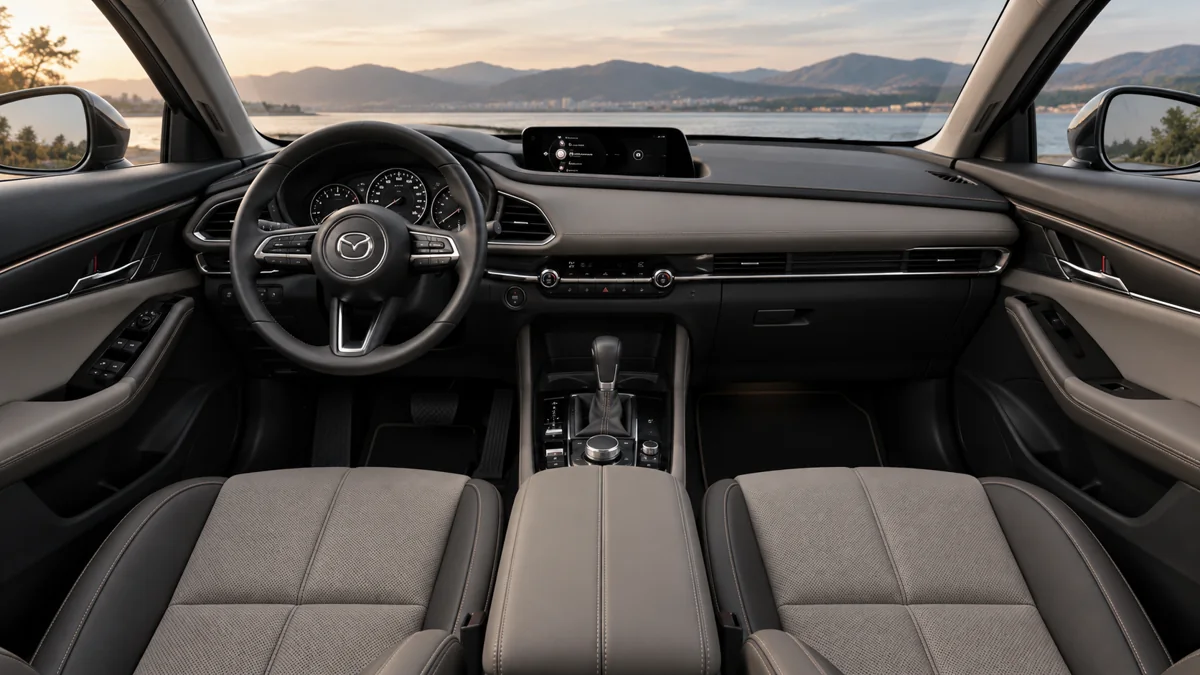 Phối cảnh nội thất Mazda CX-30 với ghế xám ấm và xám than