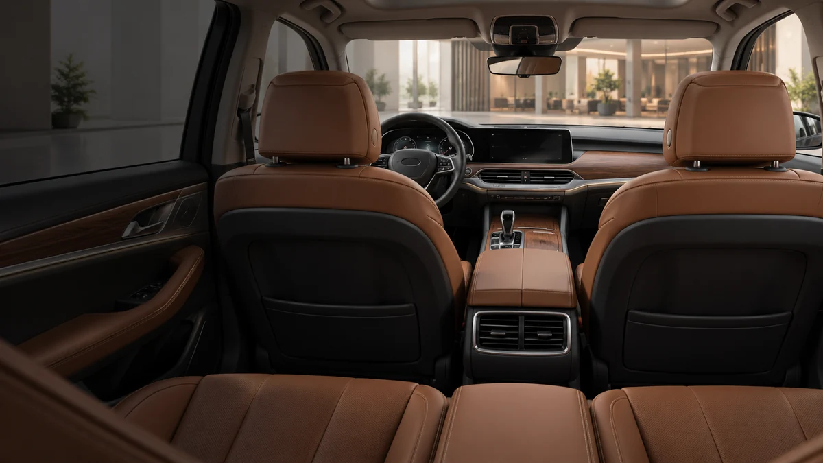 Phối cảnh nội thất sedan cao cấp tay lái thuận phối cognac và xám than