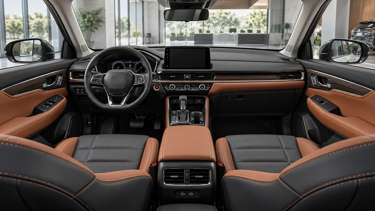Phối cảnh nội thất Honda hài hòa với ghế đen và nâu cognac