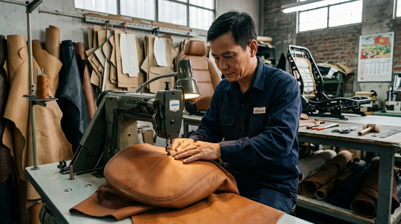 Thợ may bọc ghế da ô tô tỉ mỉ thủ công tại xưởng MORCAR Hà Nội
